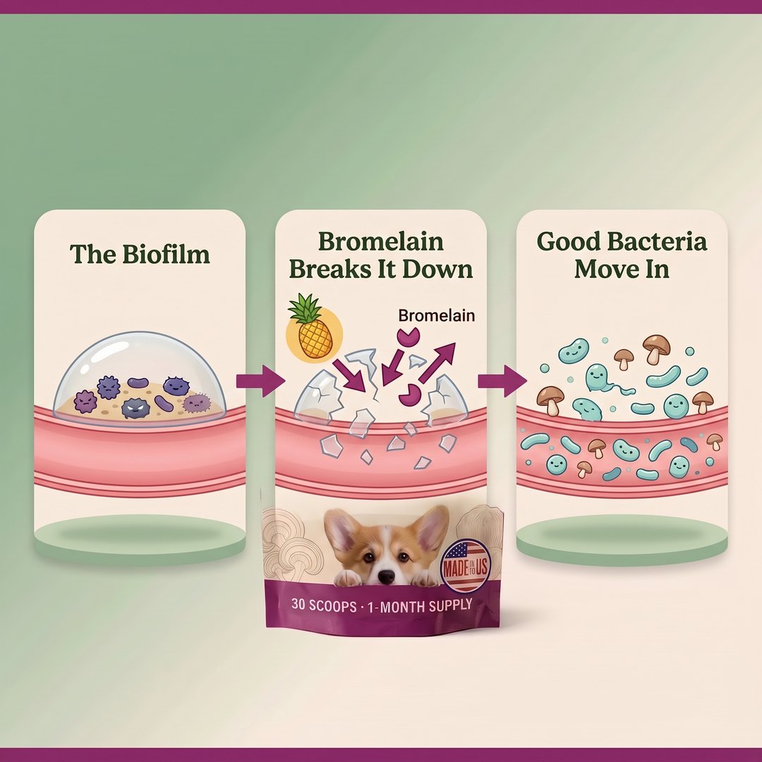 3-step diagram: the biofilm, bromelain breaks it down, good bacteria move in