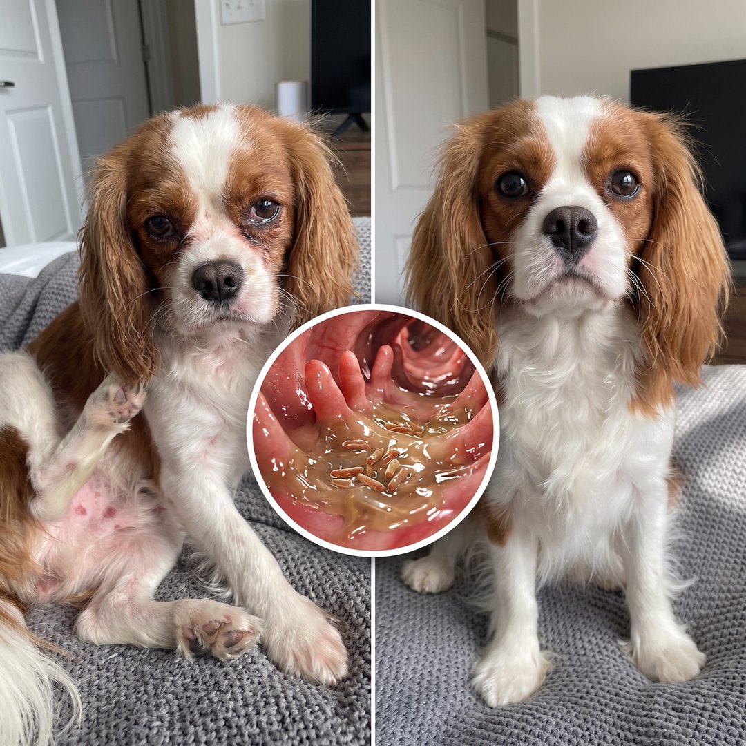 Before and after: an itchy dog and the same dog with a healthy coat, with a close-up of the gut biofilm