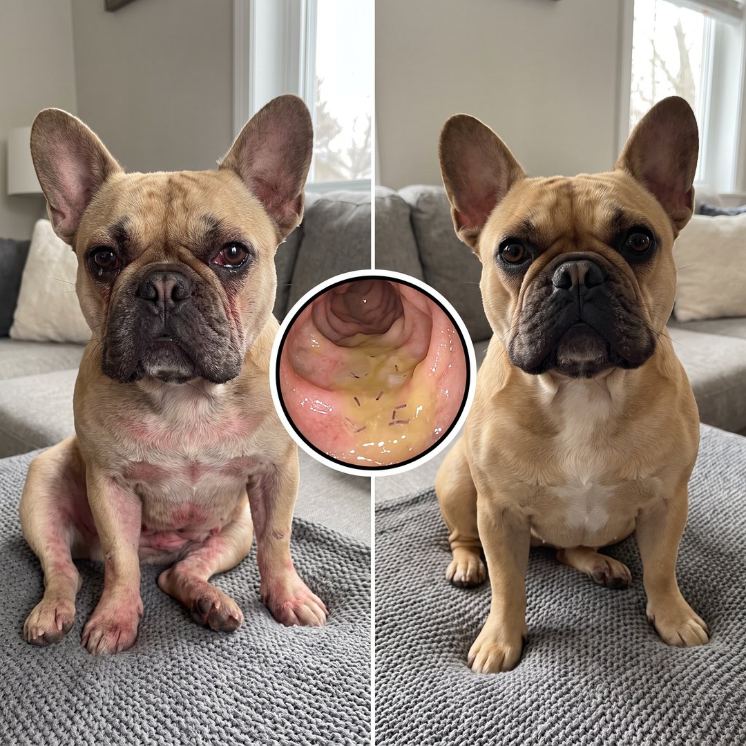 Before and after: an itchy dog and the same dog with a healthy coat, with a close-up of the gut biofilm