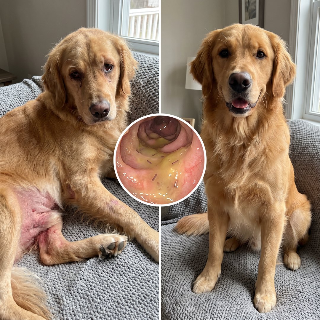 Before and after: an itchy dog and the same dog with a healthy coat, with a close-up of the gut biofilm