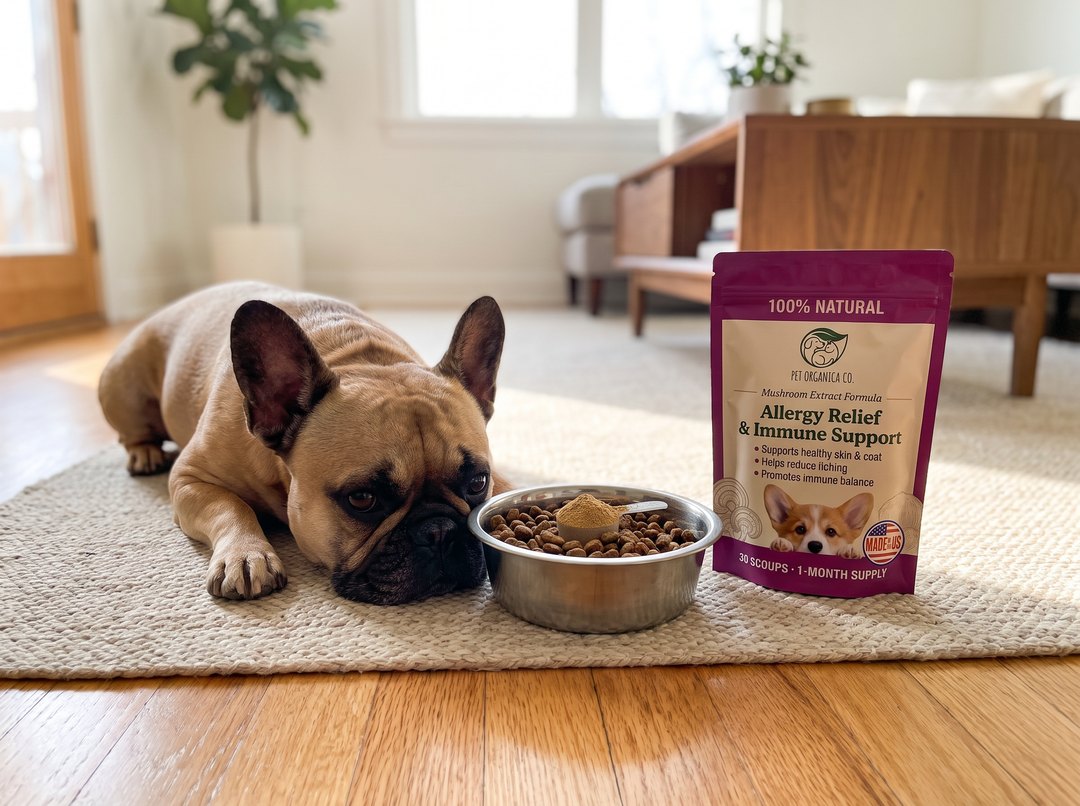 Dog beside a bowl of food with a scoop of the powder and the Pet Organica pouch